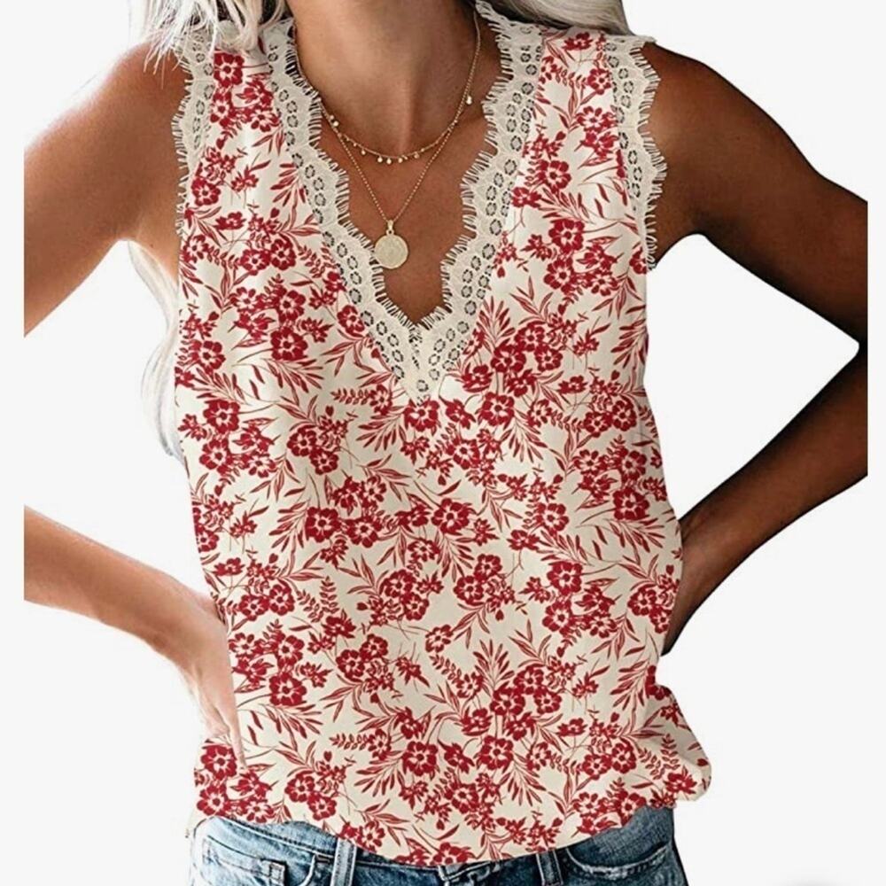 Viishow V-neck Sleeveless Blouse Womens Small Red Cream Lace